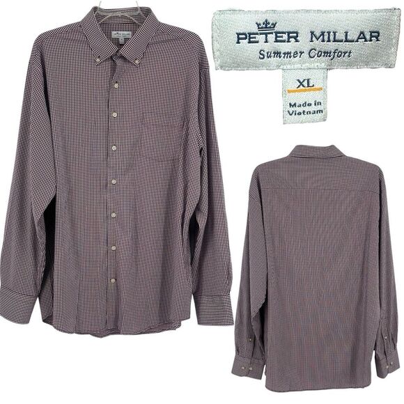 Peter Millar Summer Comfort Button Up Long Sleeve Shirt Mens XL Red Check Preppy - Picture 1 of 16
